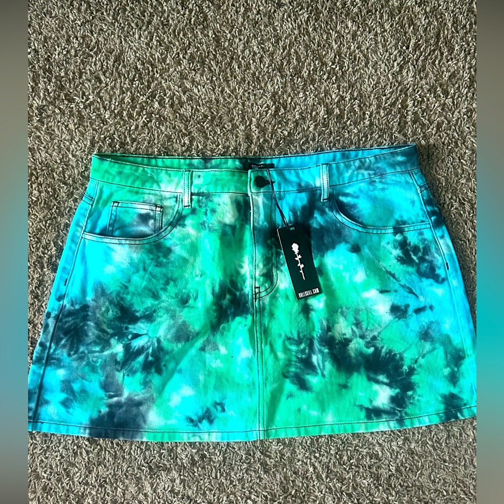 Dolls Kill Poster Girl Green & Blue denim Tie-Dye Skirt- BNWT